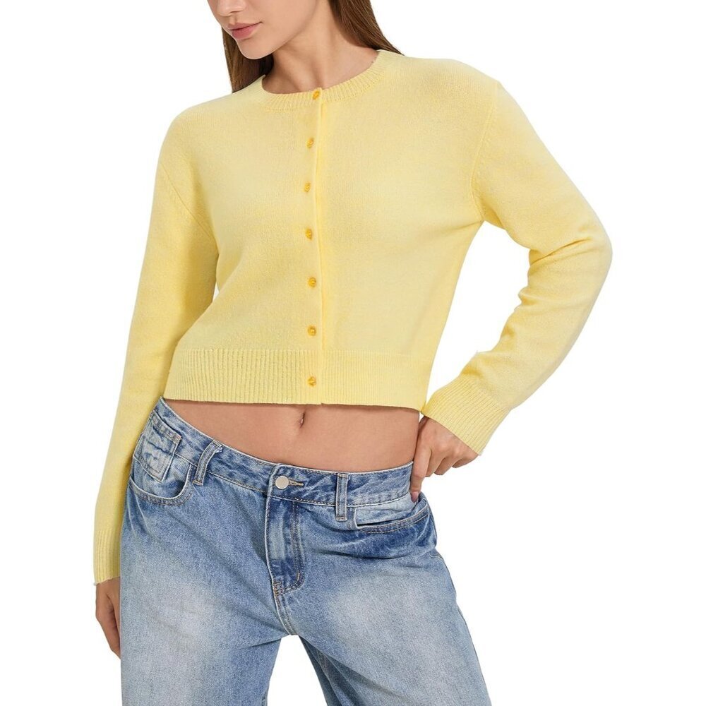 Women Cropped Knit Cardigan Sweater Long Sleeve Button Up Fall Fashion